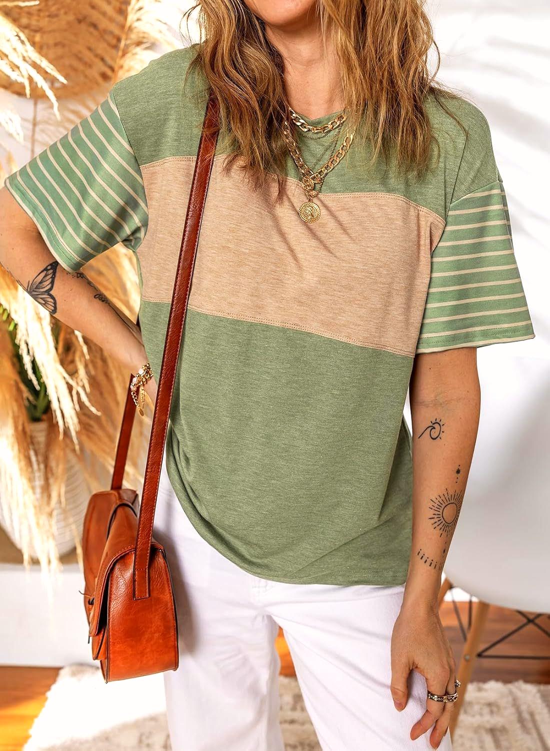 Striped Sleeve Colorblock Split Hem Oversized Tee - MGreen