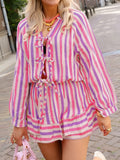 Candy Stripe Lace Up Blouse With Balloon Sleeves - Pink