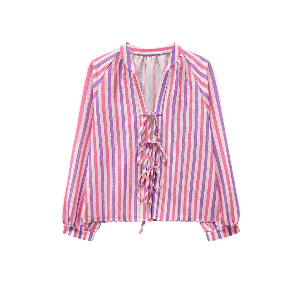 Candy Stripe Lace Up Blouse With Balloon Sleeves - Pink - 1