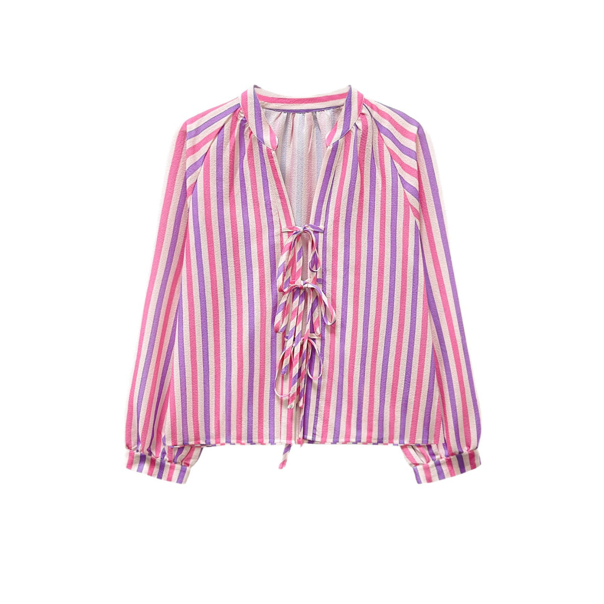 Candy Stripe Lace Up Blouse With Balloon Sleeves - Pink - 1