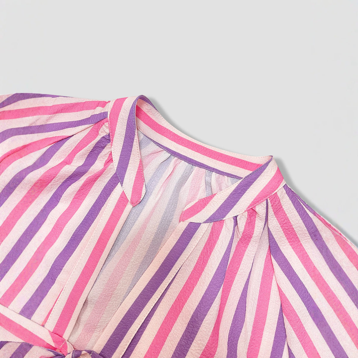 Candy Stripe Lace Up Blouse With Balloon Sleeves - Pink - 4
