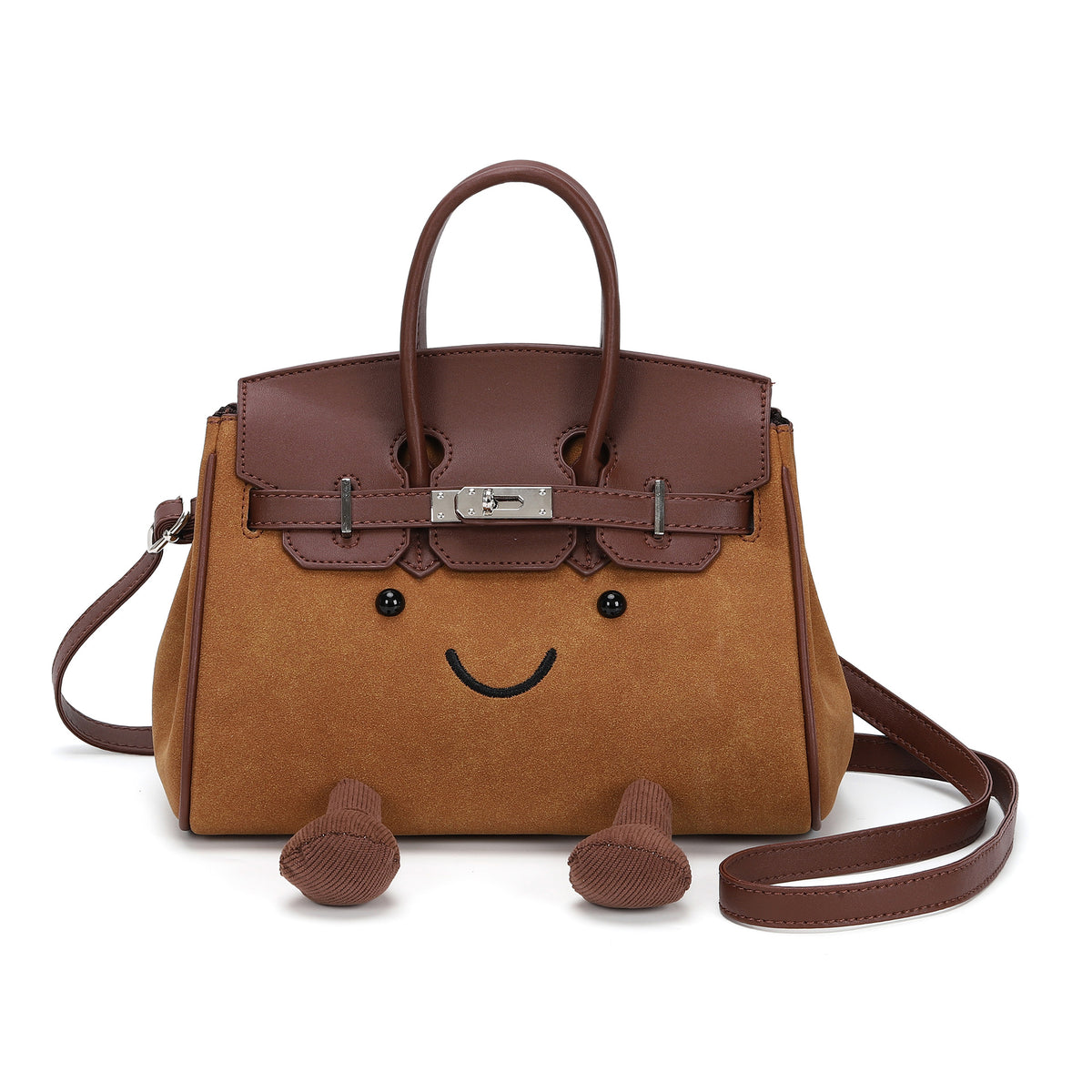 Smiley Face Structured Top Handle Bag - Brown - 1