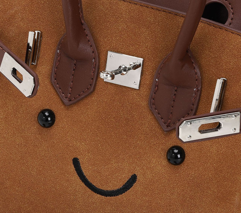 Smiley Face Structured Top Handle Bag - Brown - 7