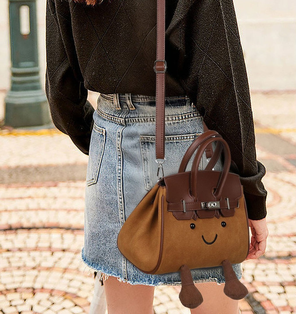 Smiley Face Structured Top Handle Bag - Brown - 9