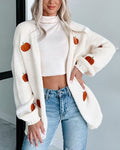 Scattered Pumpkin Motif Chunky Knit Cardigan - White