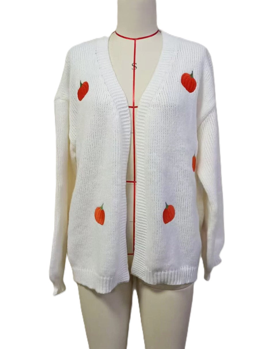 Scattered Pumpkin Motif Chunky Knit Cardigan - White - 4