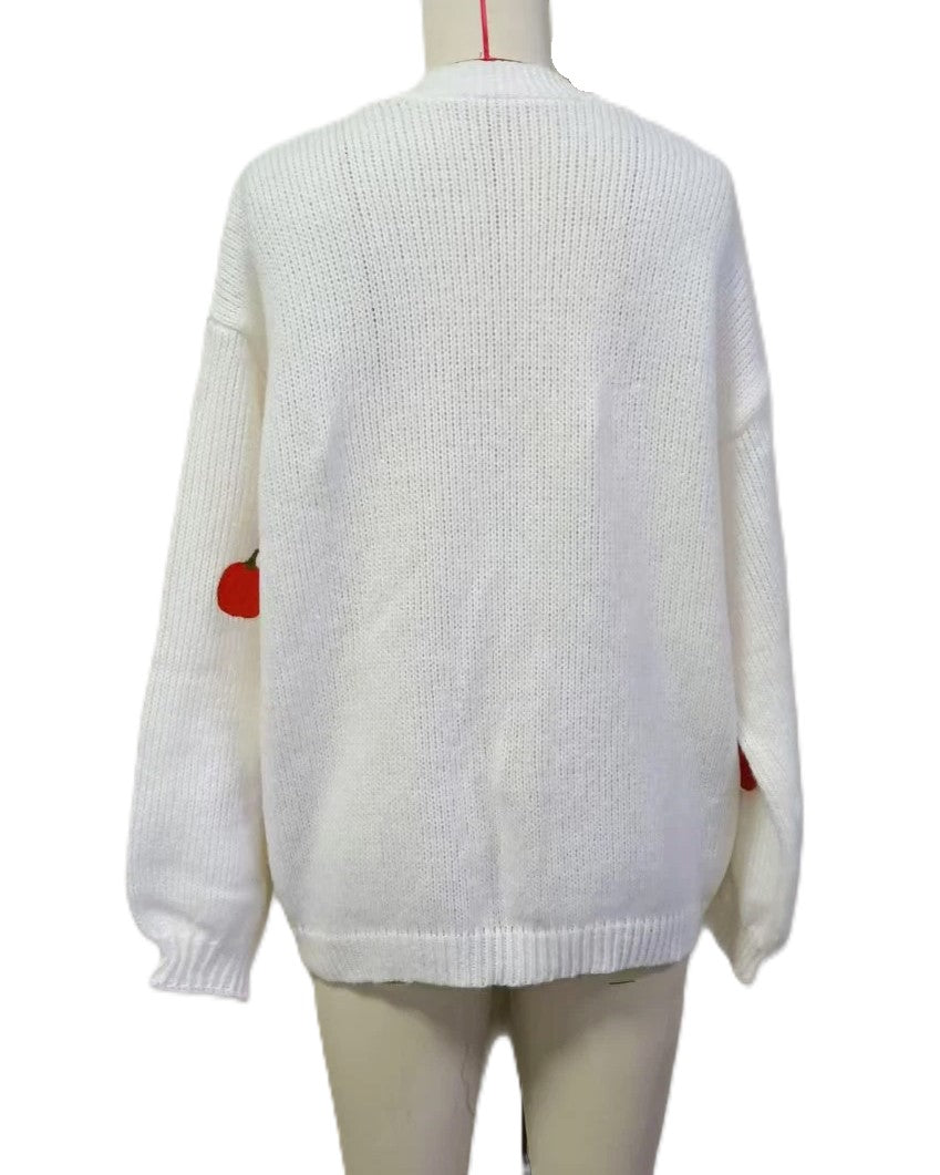 Scattered Pumpkin Motif Chunky Knit Cardigan - White - 5