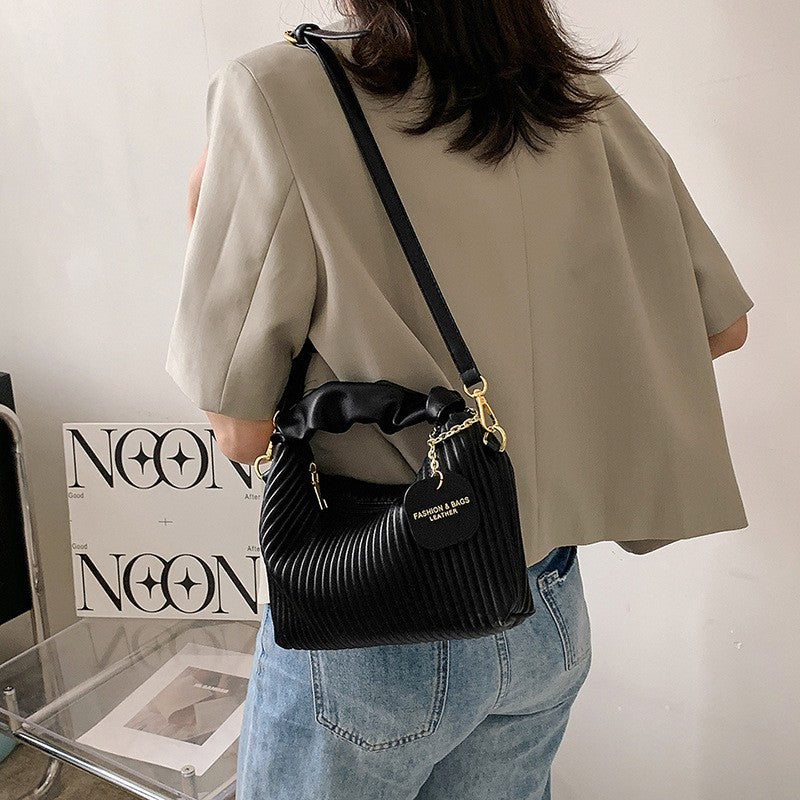 Pleated Mini Bag with Ruched Top Handle - Black