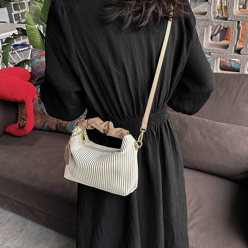Pleated Mini Bag with Ruched Top Handle - Cream