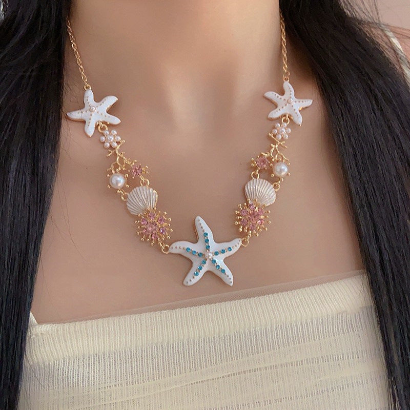 Starfish Shell Pearl Charm Necklace Set - White