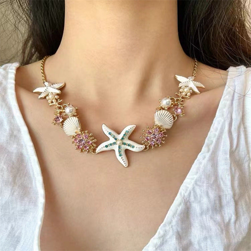 Starfish Shell Pearl Charm Necklace Set - view 2