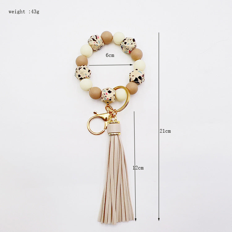 Speckled Bead Wristlet Keychain With Tassel - Beige