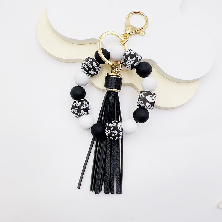 Speckled Bead Wristlet Keychain With Tassel - Black