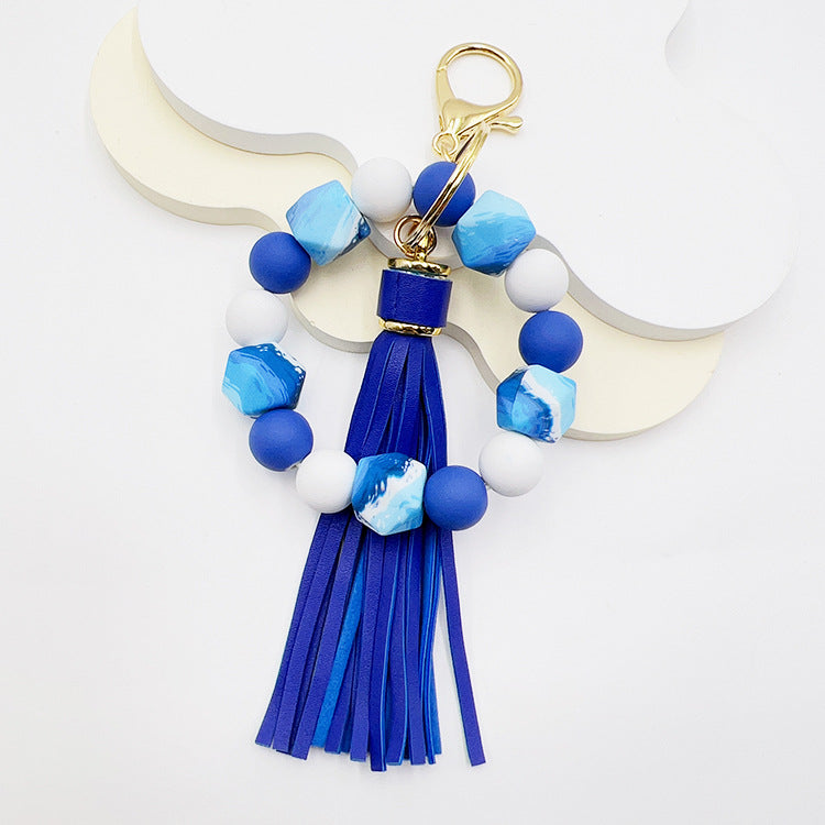 Speckled Bead Wristlet Keychain With Tassel - Blue