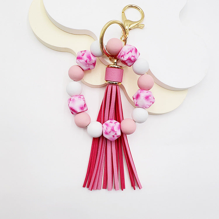 Speckled Bead Wristlet Keychain With Tassel - Rosered
