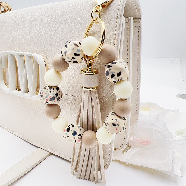 Speckled Bead Wristlet Keychain With Tassel - view 1