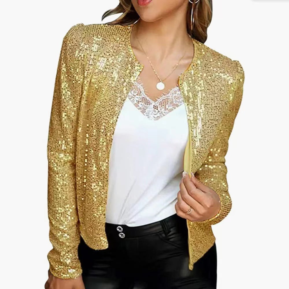 Padded Shoulder Sequin Open Front Jacket - Golden