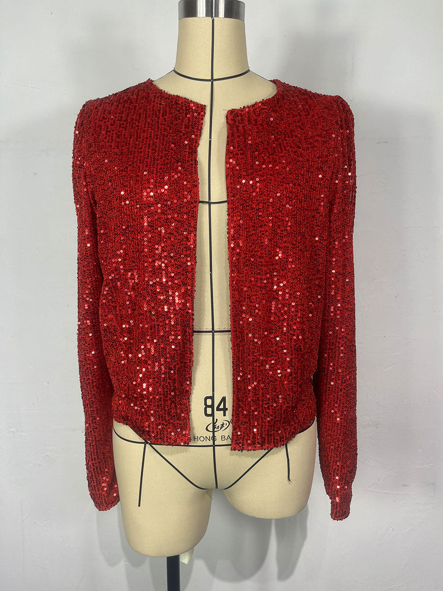 Padded Shoulder Sequin Open Front Jacket - Red