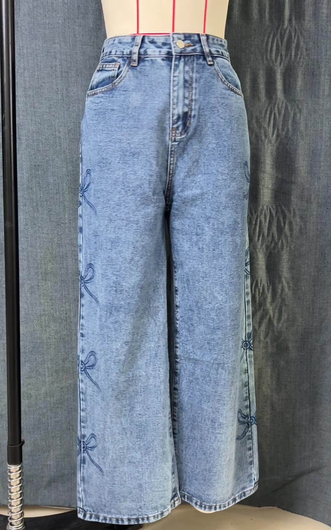 Bow Print Wide Leg Straight Jeans - DarkBlue