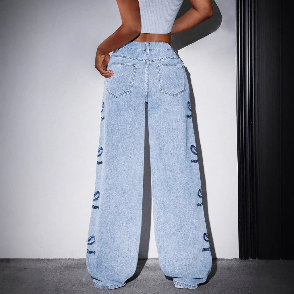 Bow Print Wide Leg Straight Jeans - view 3