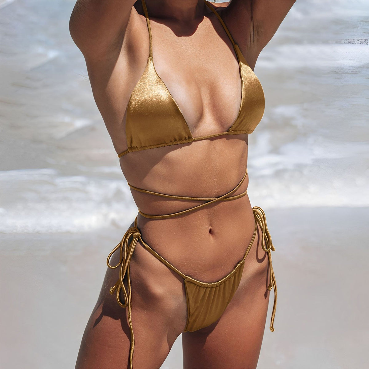 Wrap Tie Halter Triangle Bikini Set - Gold - 1