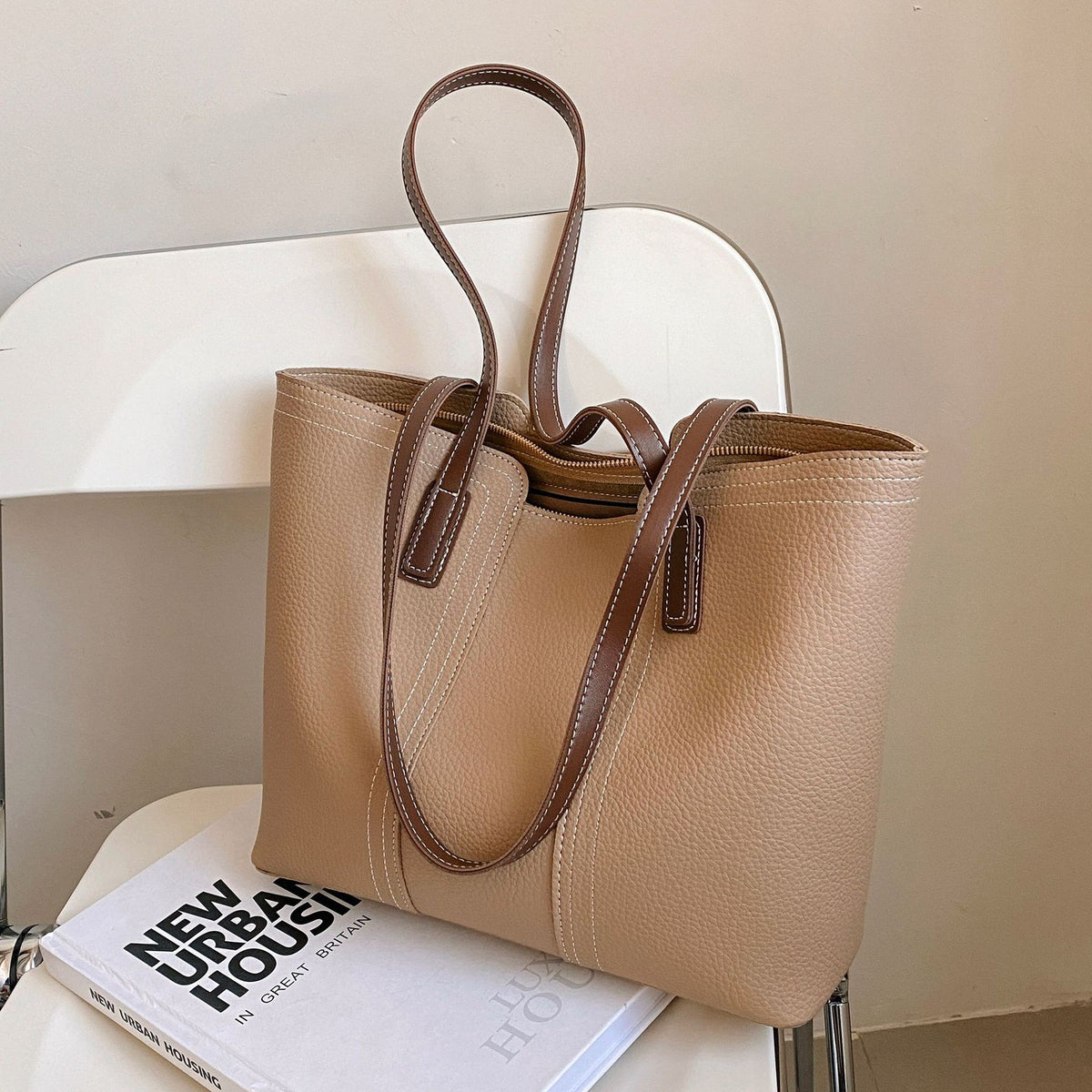 Pebbled Vegan Leather Zip Tote Bag