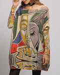 Abstract Face Print Batwing Tunic Sweater - Khaki
