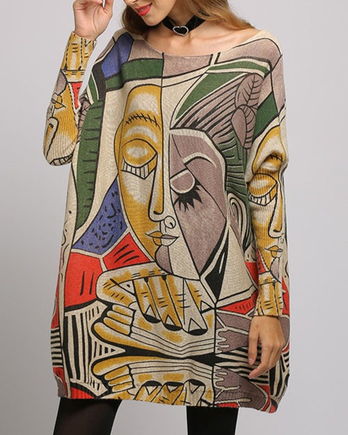 Abstract Face Print Batwing Tunic Sweater - Khaki