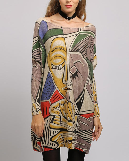 Abstract Face Print Batwing Tunic Sweater - Khaki - 1