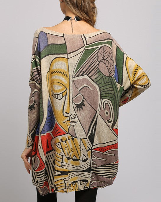 Abstract Face Print Batwing Tunic Sweater - Khaki - 2