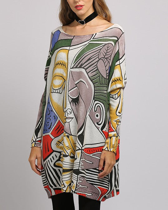 Abstract Face Print Batwing Tunic Sweater - White