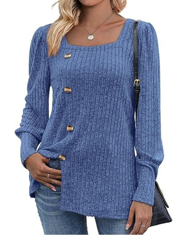 Square Neck Ribbed Button Long Sleeve Top - Blue
