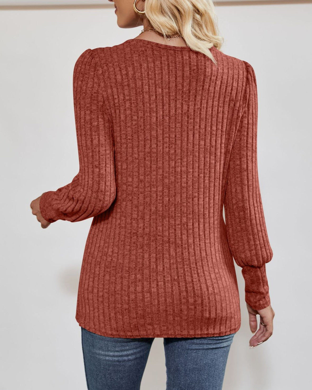 Square Neck Ribbed Button Long Sleeve Top - Caramel