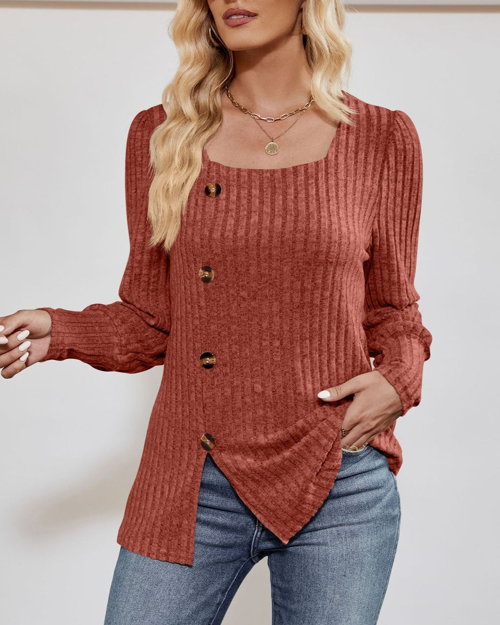 Square Neck Ribbed Button Long Sleeve Top - Caramel - 1