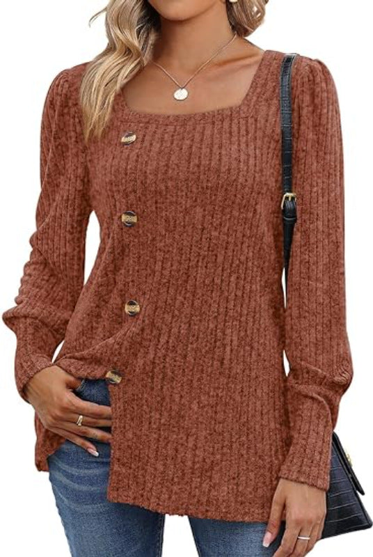 Square Neck Ribbed Button Long Sleeve Top - Caramel - 2