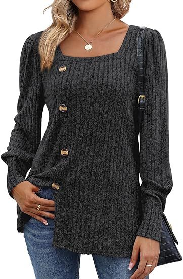 Square Neck Ribbed Button Long Sleeve Top - Dark-Gray