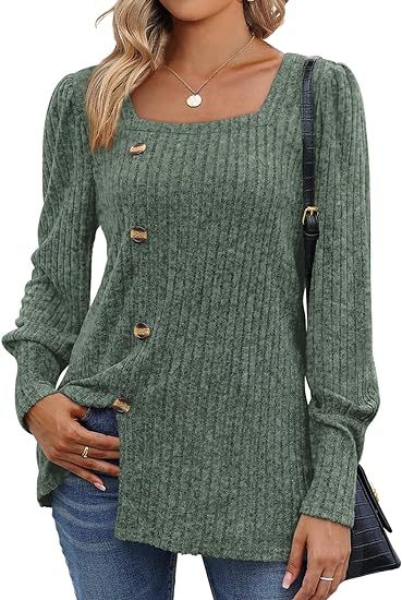 Square Neck Ribbed Button Long Sleeve Top - Green