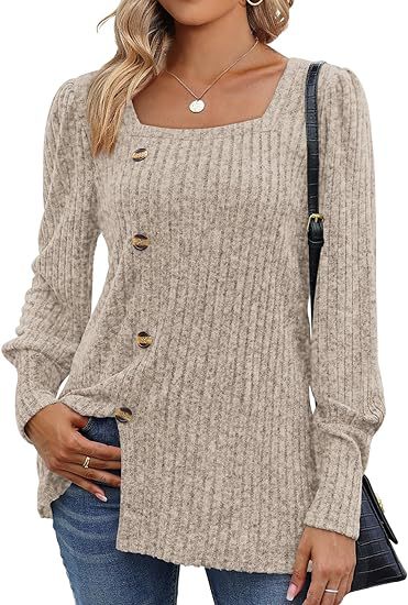 Square Neck Ribbed Button Long Sleeve Top - Oatmeal