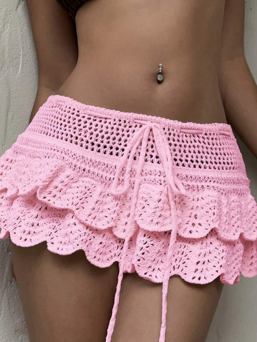 Crochet Tiered Ruffle Beach Mini Skirt - Pink