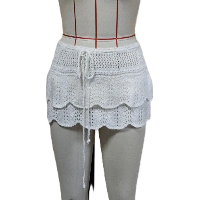 Crochet Tiered Ruffle Beach Mini Skirt - White