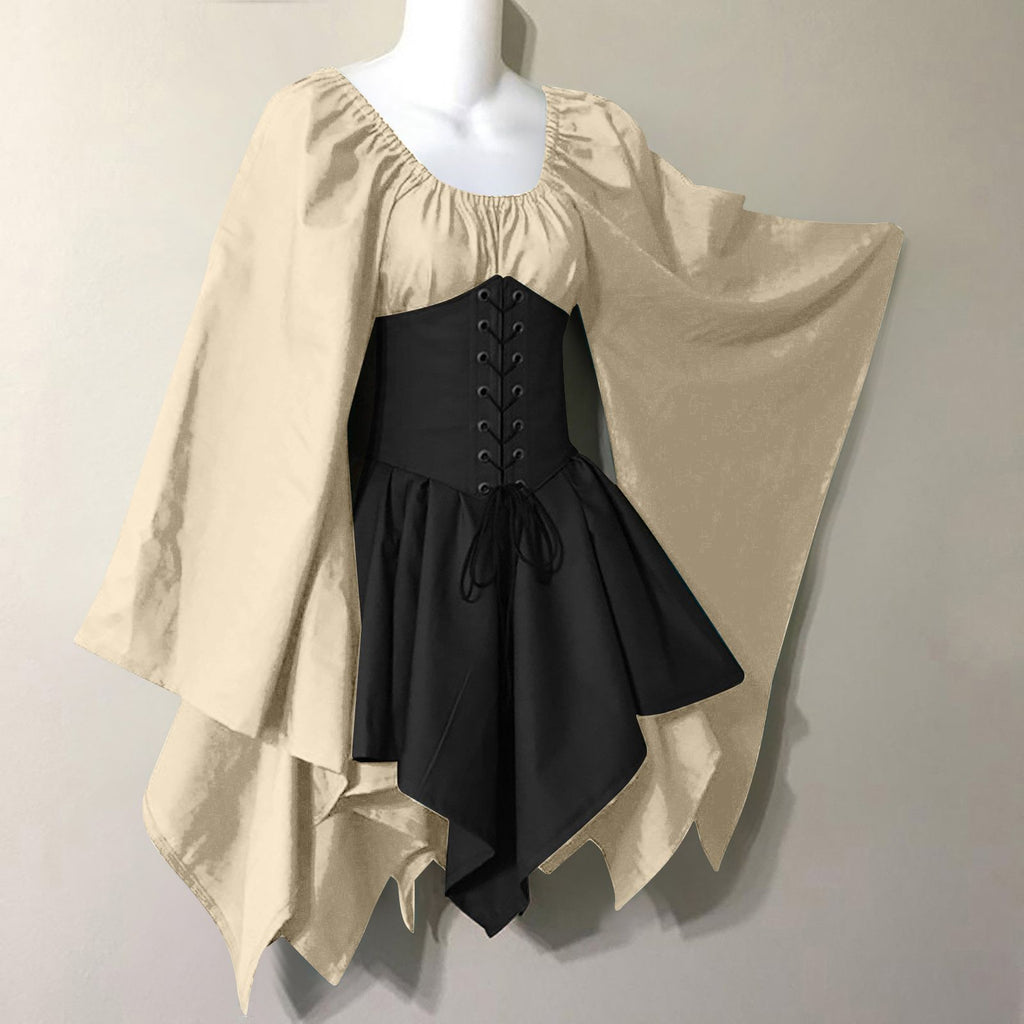 Corset Waist Peasant Sleeve Renaissance Dress - Beige
