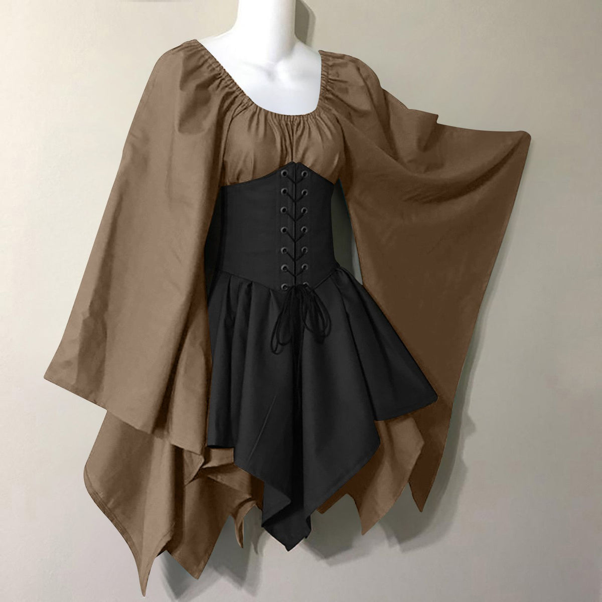 Corset Waist Peasant Sleeve Renaissance Dress - Brown