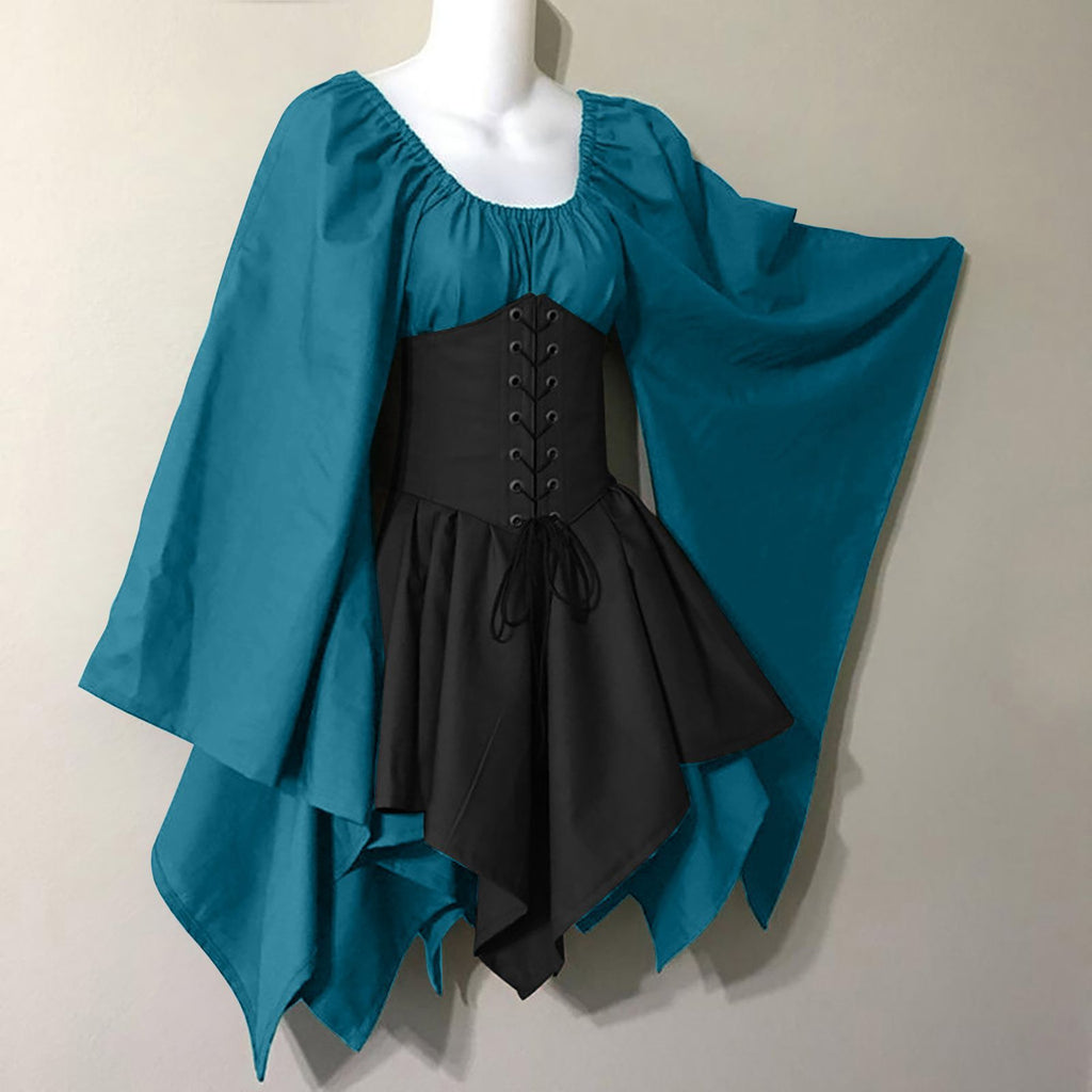 Corset Waist Peasant Sleeve Renaissance Dress - Cyan