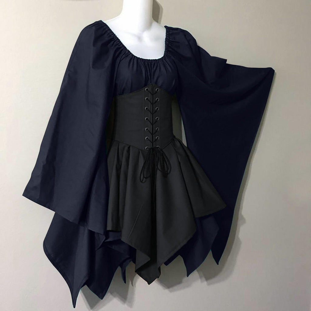 Corset Waist Peasant Sleeve Renaissance Dress - DBlue