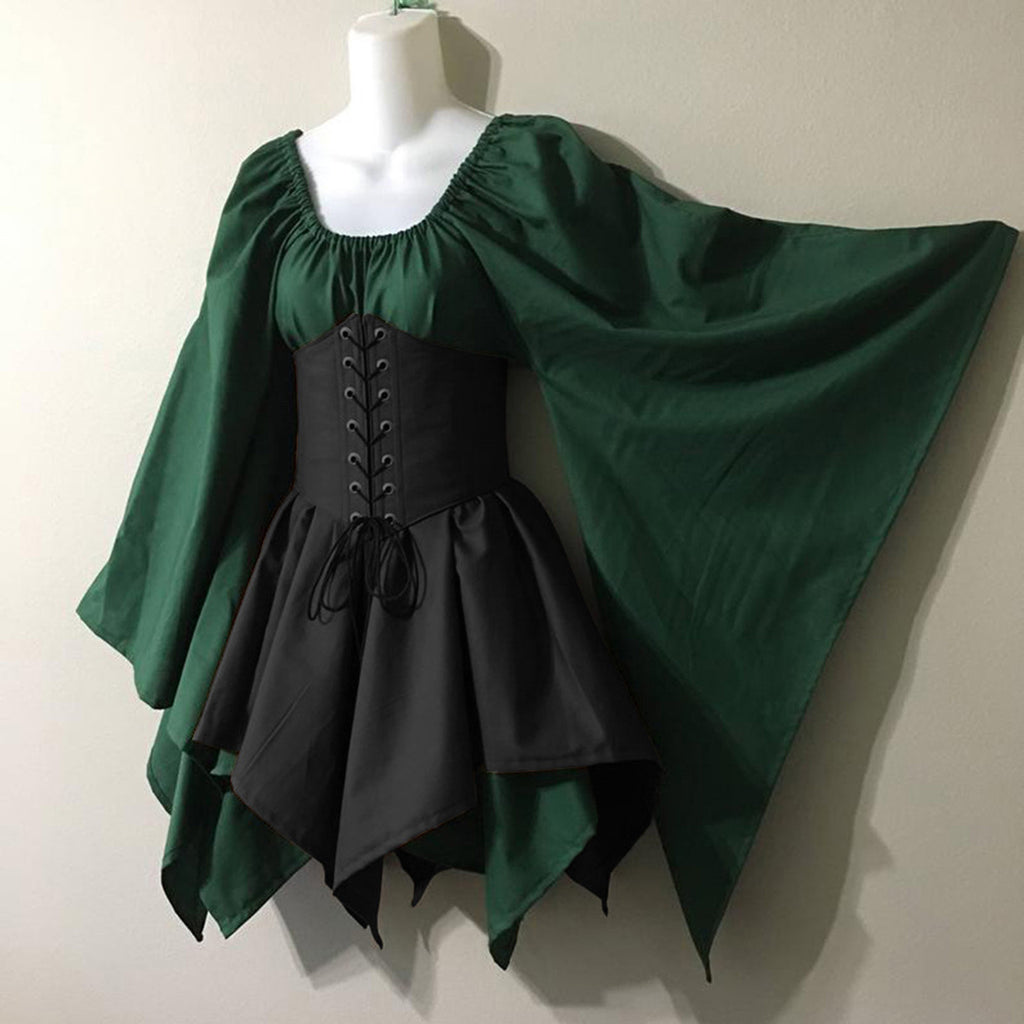 Corset Waist Peasant Sleeve Renaissance Dress - Green