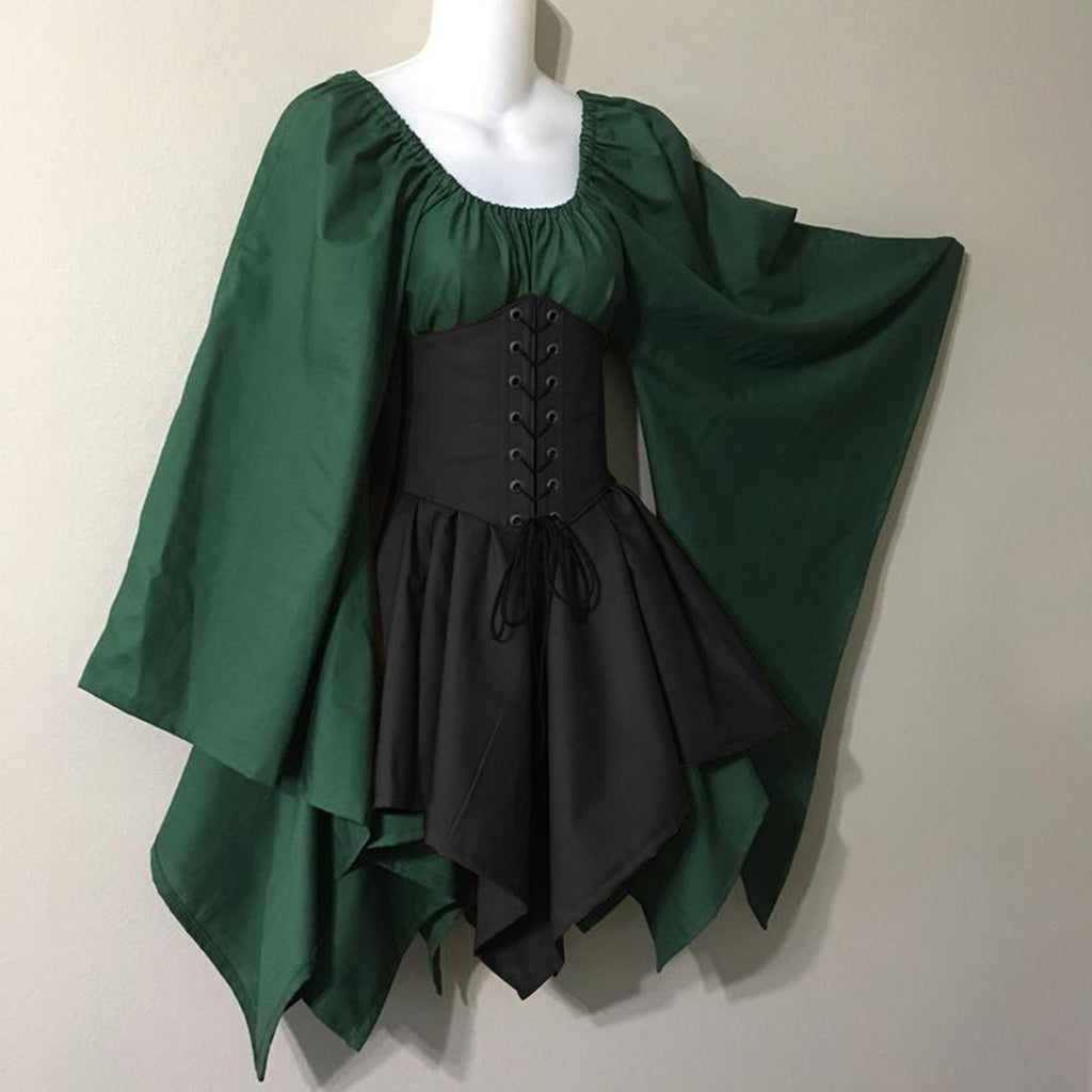 Corset Waist Peasant Sleeve Renaissance Dress - Green - 1