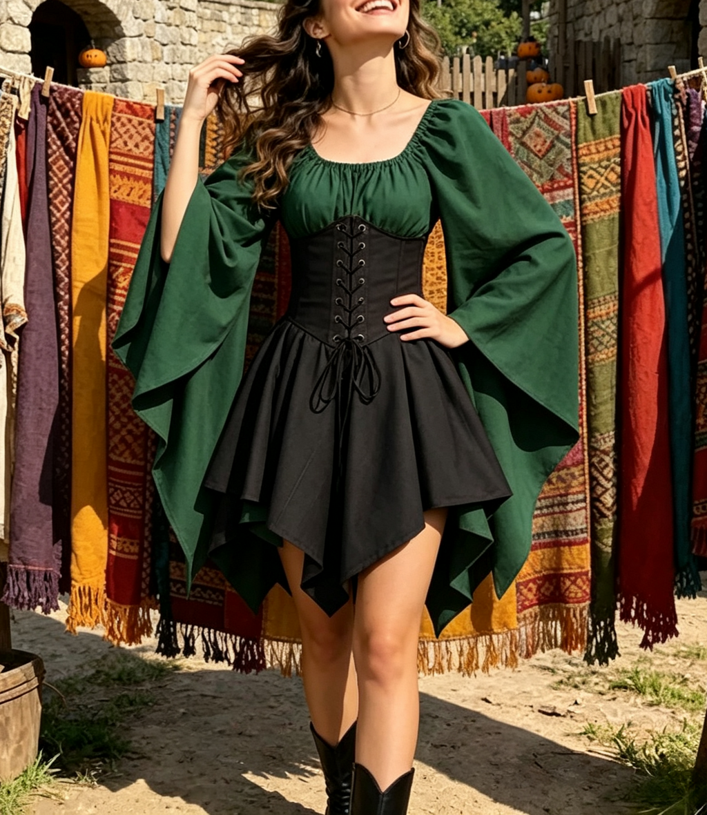 Corset Waist Peasant Sleeve Renaissance Dress - Green - 2