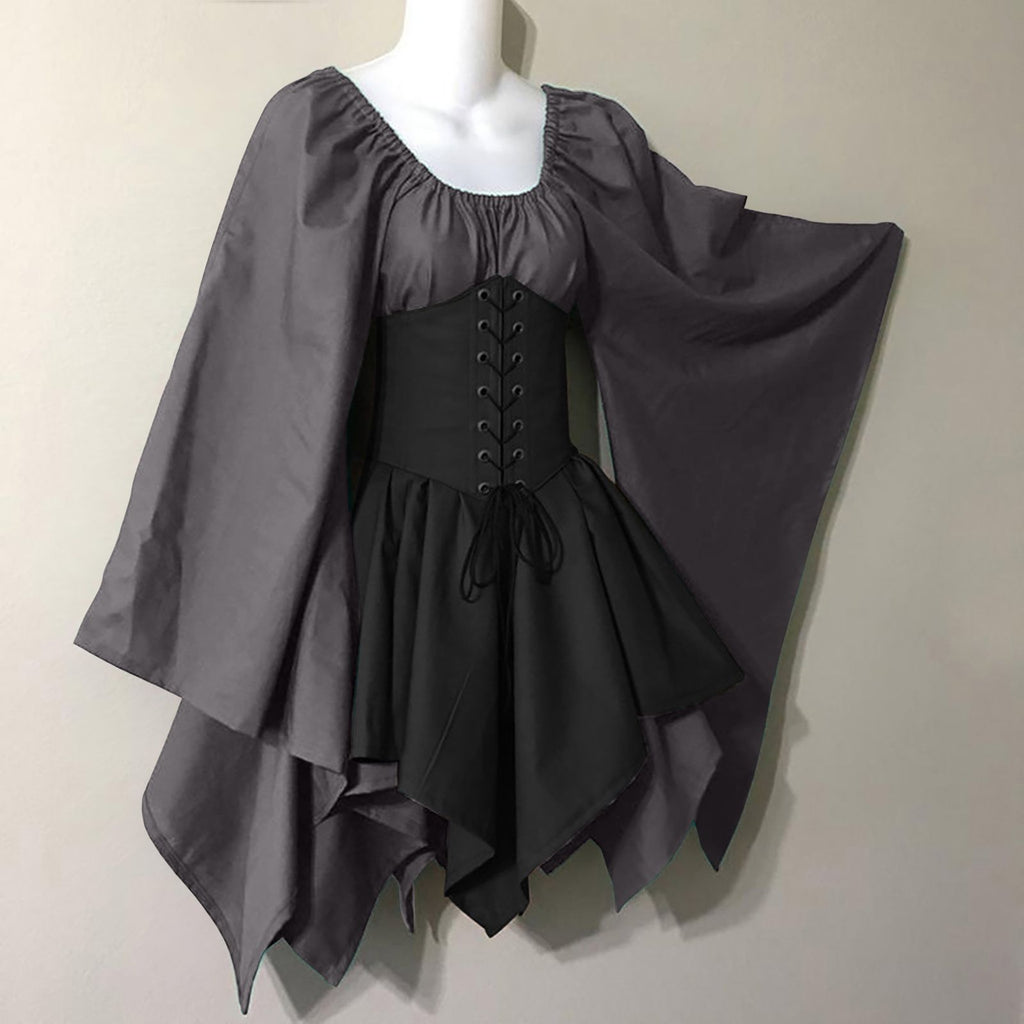 Corset Waist Peasant Sleeve Renaissance Dress - Grey