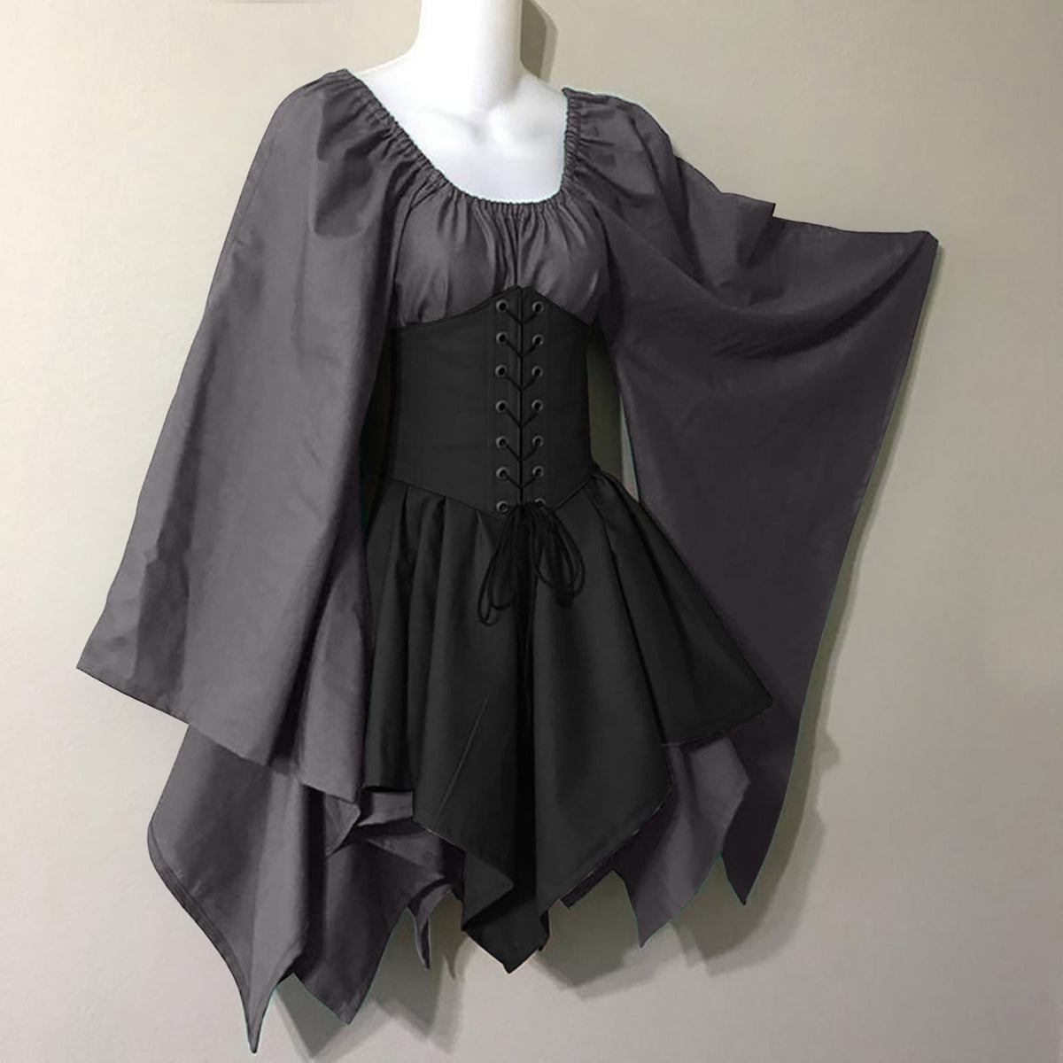 Corset Waist Peasant Sleeve Renaissance Dress - Grey