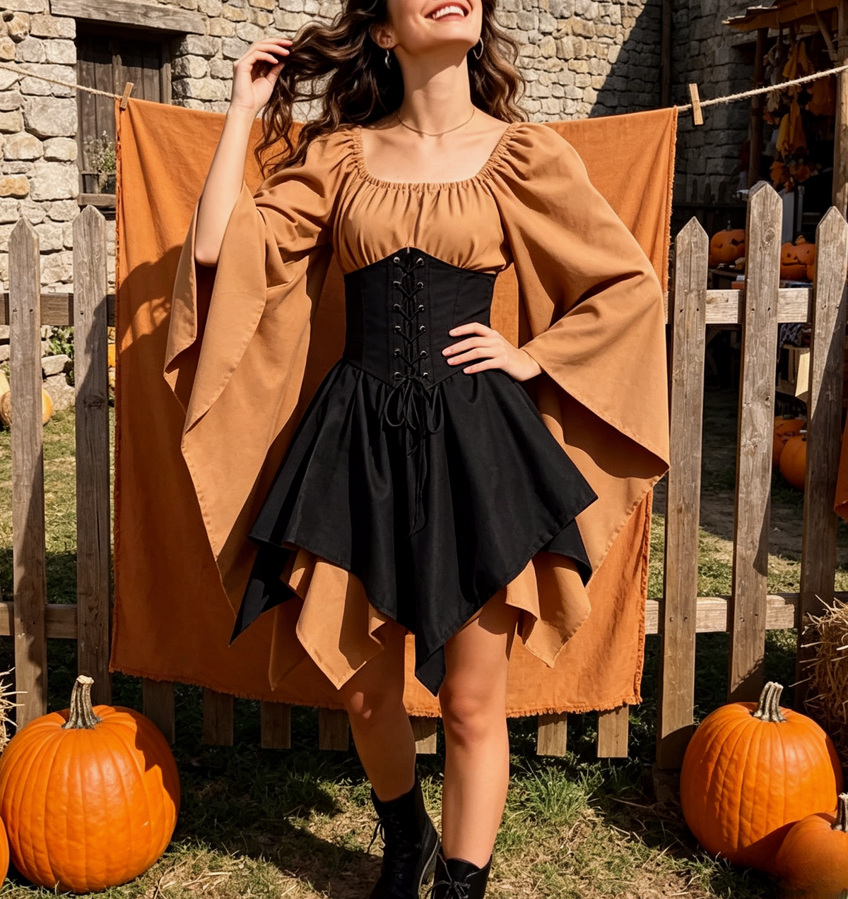 Corset Waist Peasant Sleeve Renaissance Dress - Khaki